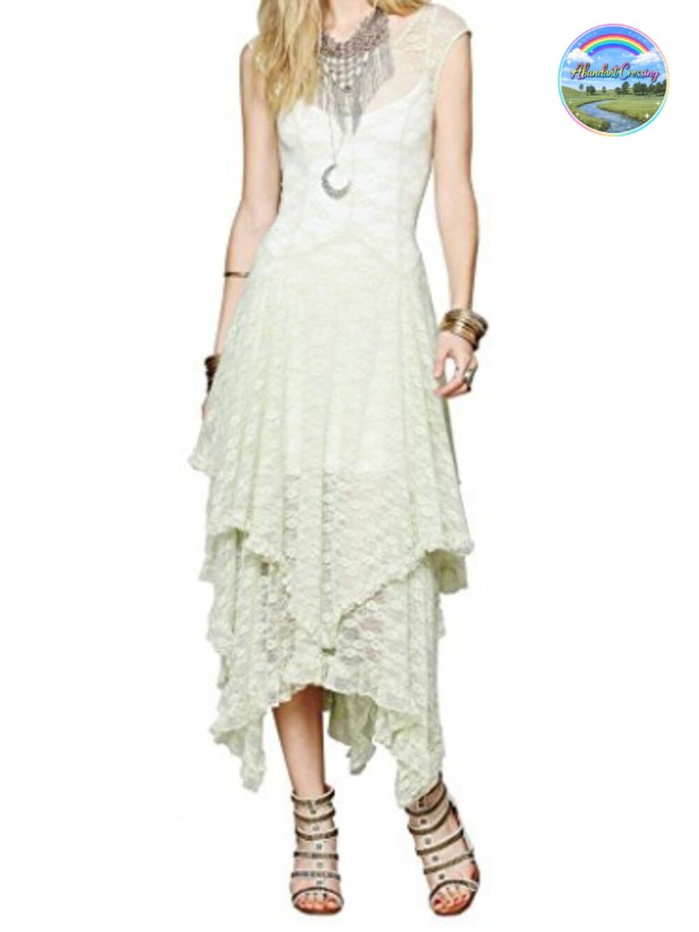 Lace Midi Dress with Slip Two Piece Backless Ruffled A-Line Sleeveless
